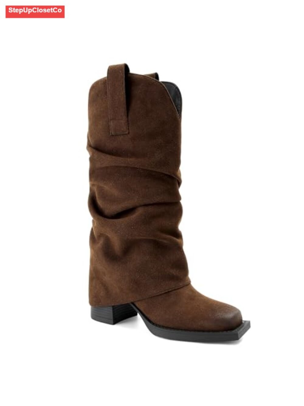 Faux Suede Fold Over Boots Square Toe Chunky Block Heel Mid Calf Pull On Western